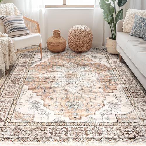 BESTSWEETIE 5x7 Area Rug Washable Rugs for Living Room, No Pile Boho Carpet for Entryway Bedroom Dinning Room, Vintage Carpet Print Distressed Non-Slip, 5 x 7 ft, Orange Pink Brown Earth Tones
