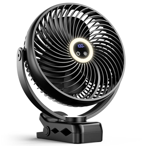 xasla 10000mAh Portable Clip On Fan With Light, 8 Inch Rechargeable Battery Operated Fan, 24H Long-last, Quiet Personal Camping Fan Digital Display, 3 Speed, 360 Rotate, for Gym Outdoor Travel
