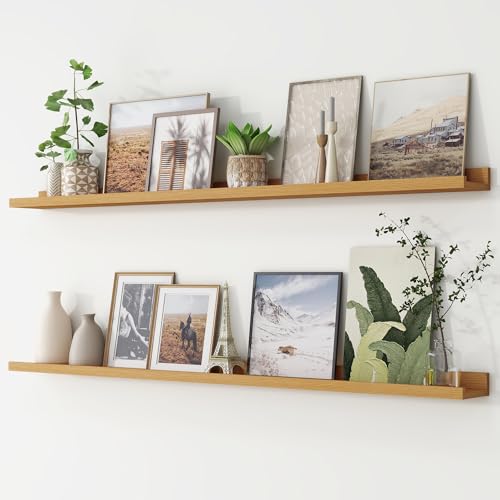 Picture Ledge Shelf, Floating Shelves Set of 2, 56 Inches Long Large Nursery Book Shelves for Toys Storage, Kids Bookshelf Wall Mounted for Living Room Bedroom Decor Books Photo Frames, Natural Oak