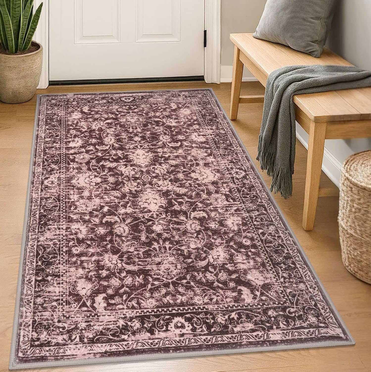 KILOCOCO Area Rug 3x5 Entryway Rug Washable Printed Vintage Floral Rubber Backed Non Slip Indoor Kitchen Rugs for Living Room Laundry Room Playroom Mudroom Moroccan Area Rugs, Red