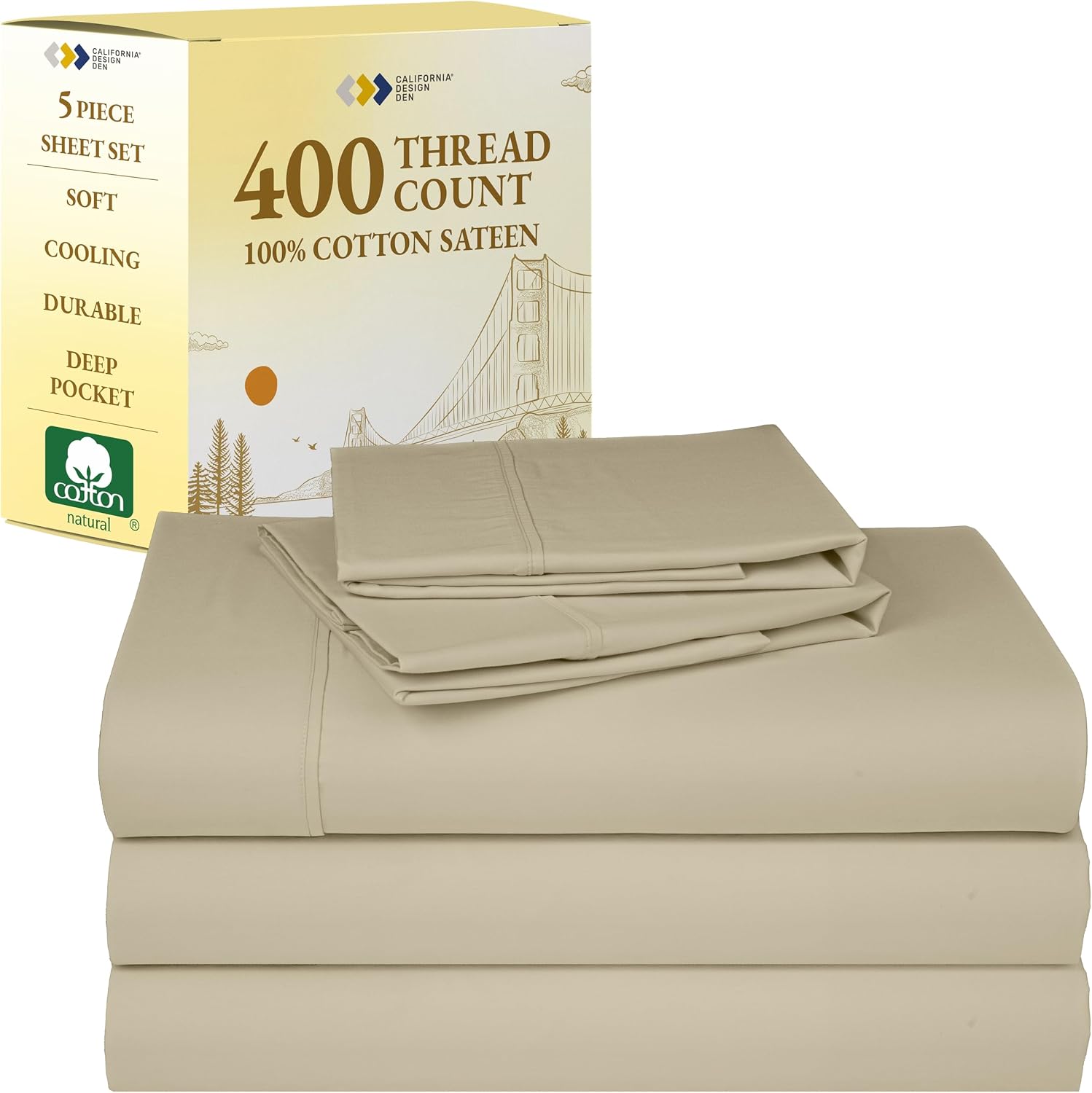 California Design Den Split King Sheets Sets for Adjustable Bed - Soft 400 Thread Count Sateen Natural 100% Cotton Sheets, Deep Pockets, Breathable, Cooling & Durable Bedding Set - Beige (Golden Tone)