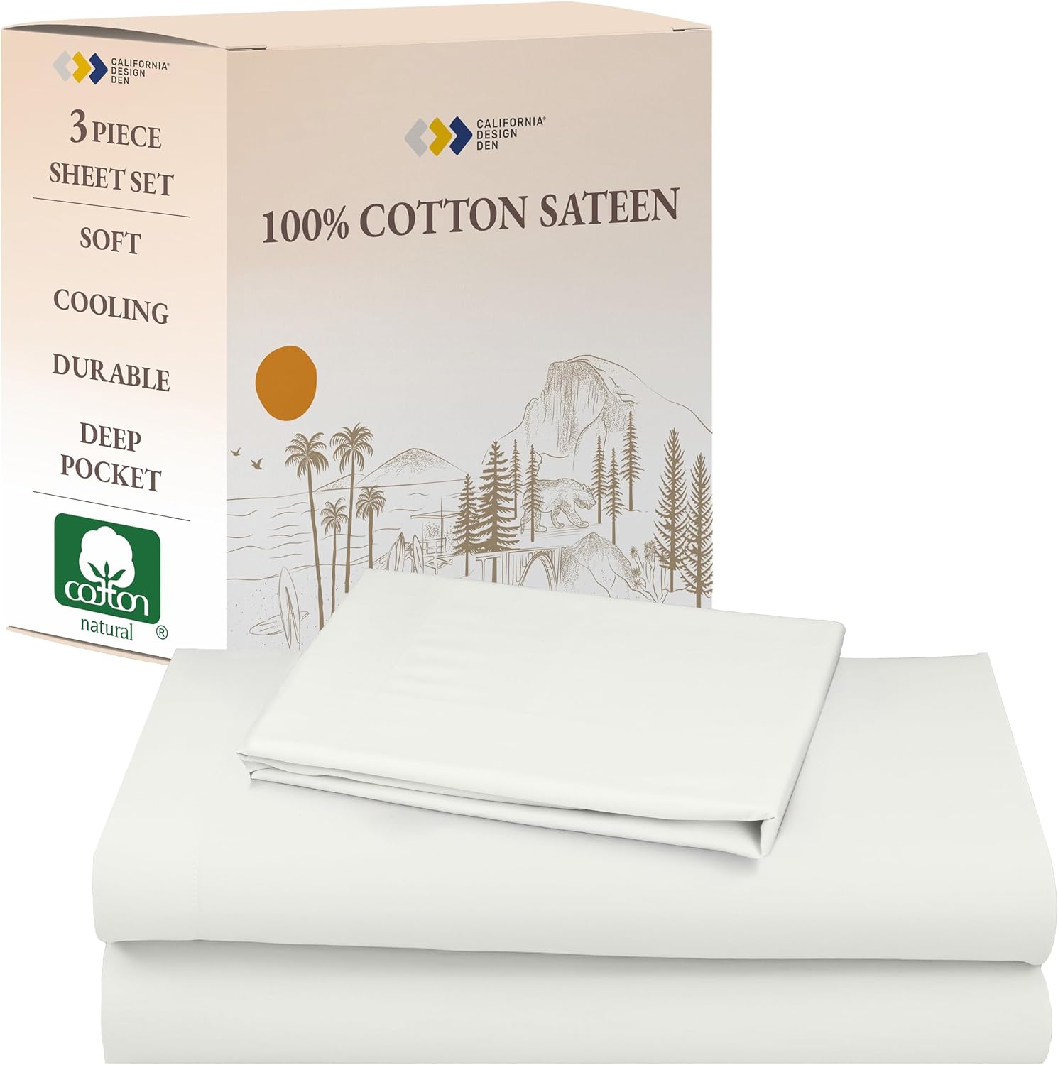 California Design Den Twin Sheet Set - Natural 100% Cotton Sheets with Deep Pockets, Soft Sateen Weave, Breathable, Cooling and Durable Bedding Set for Dorm Rooms, College Ivory (Eggshell)