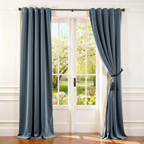 Lazzzy Blue Velvet Curtains 96 Inches Long Blackout Curtain Drapes for Bedroom Living Window Treatments Rod Pocket 2 Panels, Aegean Blue, W42 x L96