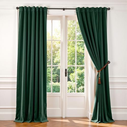 Lazzzy Emerald Green Velvet Curtains 96 Inches Long Blackout Drapes for Bedroom Living Window Treatments Rod Pocket 2 Panels W62 x L96