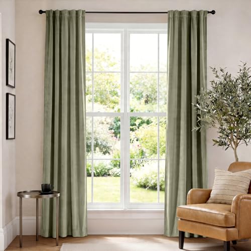 Lazzzy Velvet Curtains Olive Sage Green Thermal Insulated Soundproof Noise Reducing Drapes for Bedroom Living Room Blackout Window Treatments Rod Pocket 84 Inch Length 2 Panels,W42 x L84