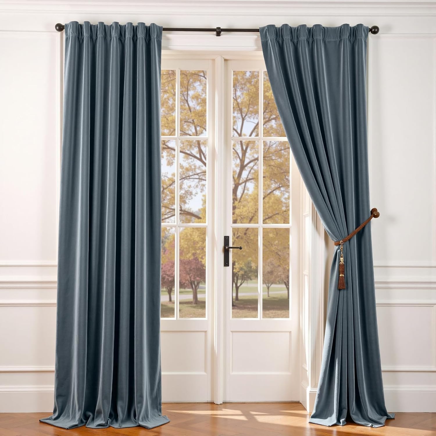Lazzzy Velvet Curtains Blue Room Blackout Drapes for Bedroom Living Window Treatments Luxury Rod Pocket 108 Inches Long 2 Panels, Aegean Blue, W62 x L108