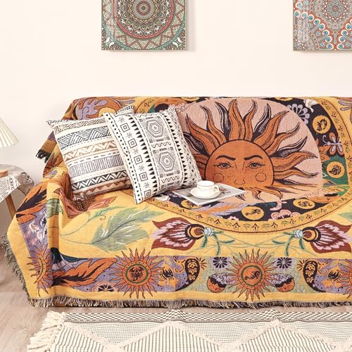 Boho Throw Blanket for Bed Couch Sofa Reversible Cotton Bohemian Travel Boho QuiltMexican Muslin Blanket Tapestry Hippie Room Decor Outdoor Blanket Double Sided (Sun Pattern Yellow 60"x80")