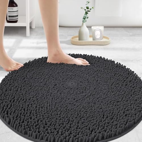 MAYSHINE Round Area Rug Set for Bathroom | Soft Plush Chenille Bath Mat, Water Absorbent Non-Slip Bathroom Rug | Washable Shag Carpet, Bedroom, or Home Decor | 48"x48" (Round) | Charcoal Gray
