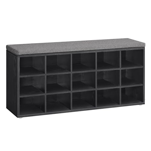 VASAGLE CUSTOS Collection - Shoe Bench, Storage Bench with Padded Seat, Entryway Bench with 15 Compartments, for Bedroom, 11.8 x 41.3 x 18.9 Inches, Ebony Black and Slate Gray ULHS015B02