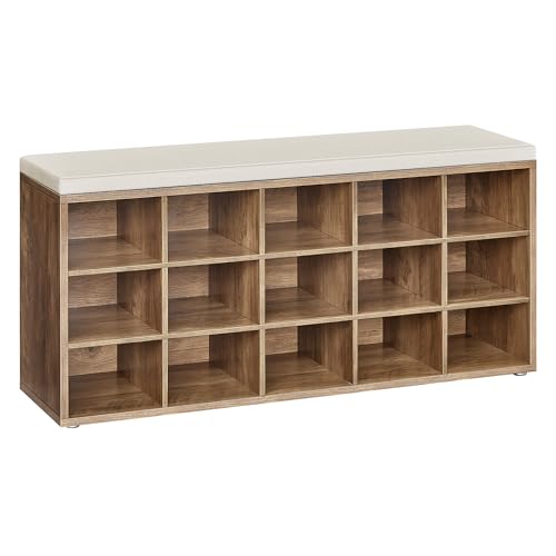 VASAGLE CUSTOS Collection - Shoe Bench, Storage Bench with Padded Seat, Entryway Bench with 15 Compartments, for Bedroom, 11.8 x 41.3 x 18.9 Inches, Honey Brown and Cappuccino Beige ULHS015K02