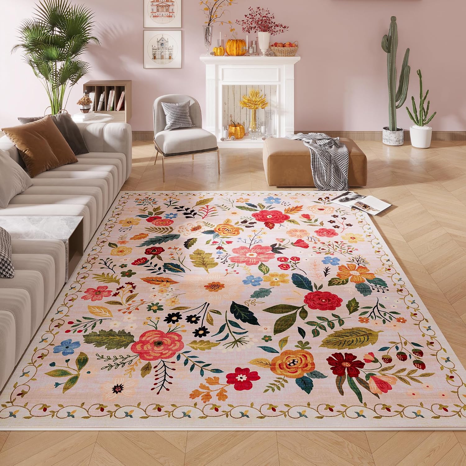 Rugcomf Living Room Rug 6x9 Rug Machine Washable Boho Area Rug Non Slip Floral Vintage Low Pile Large Rug for Living Room, Bedroom, Farmhouse, Dining Room, Kids Playroom(Beige)