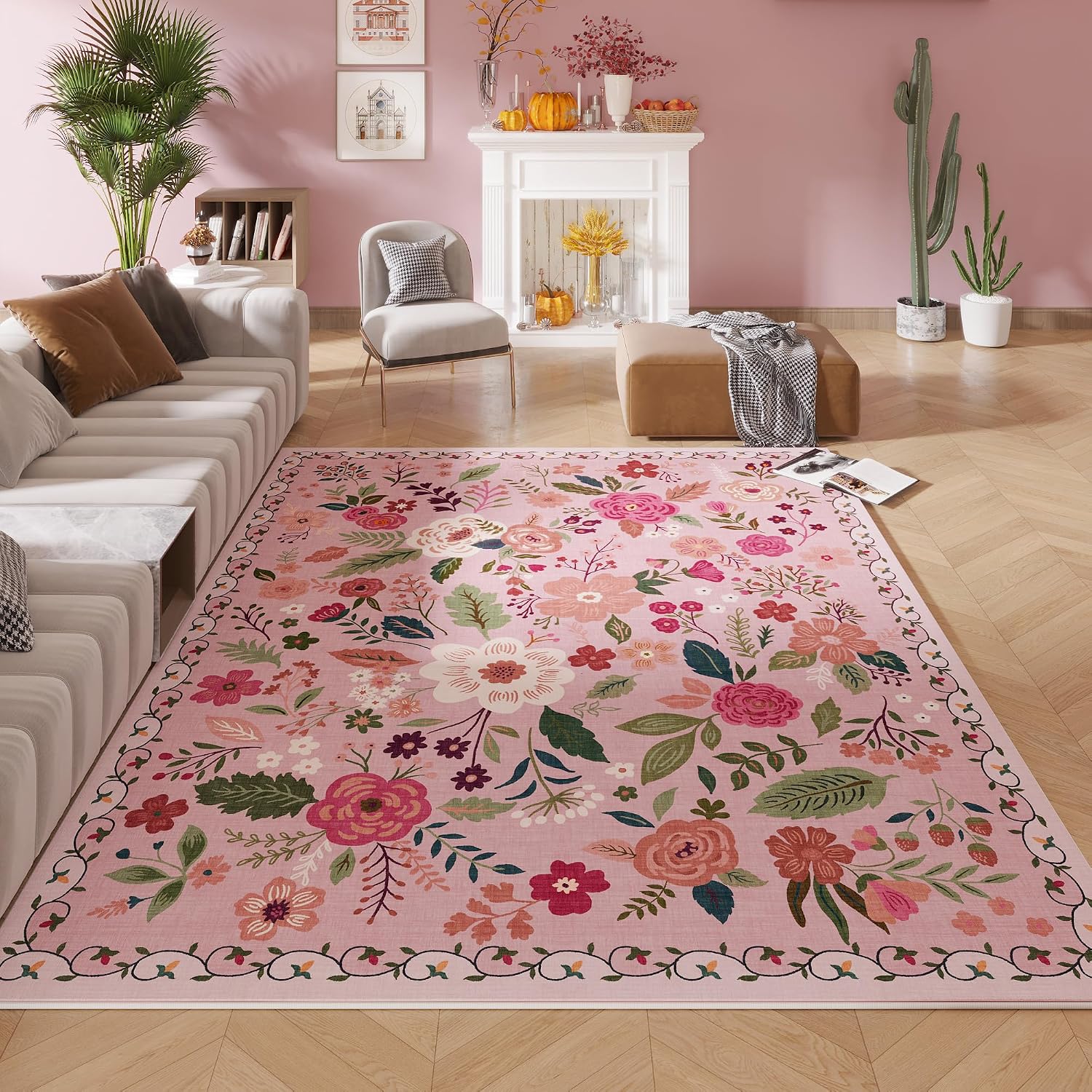 Rugcomf Living Room Rug 5x7 Rug Machine Washable Boho Area Rug Non Slip Floral Vintage Low Pile Large Rugs for Living Room, Bedroom, Farmhouse, Dining Room, Kids Playroom(Pink)
