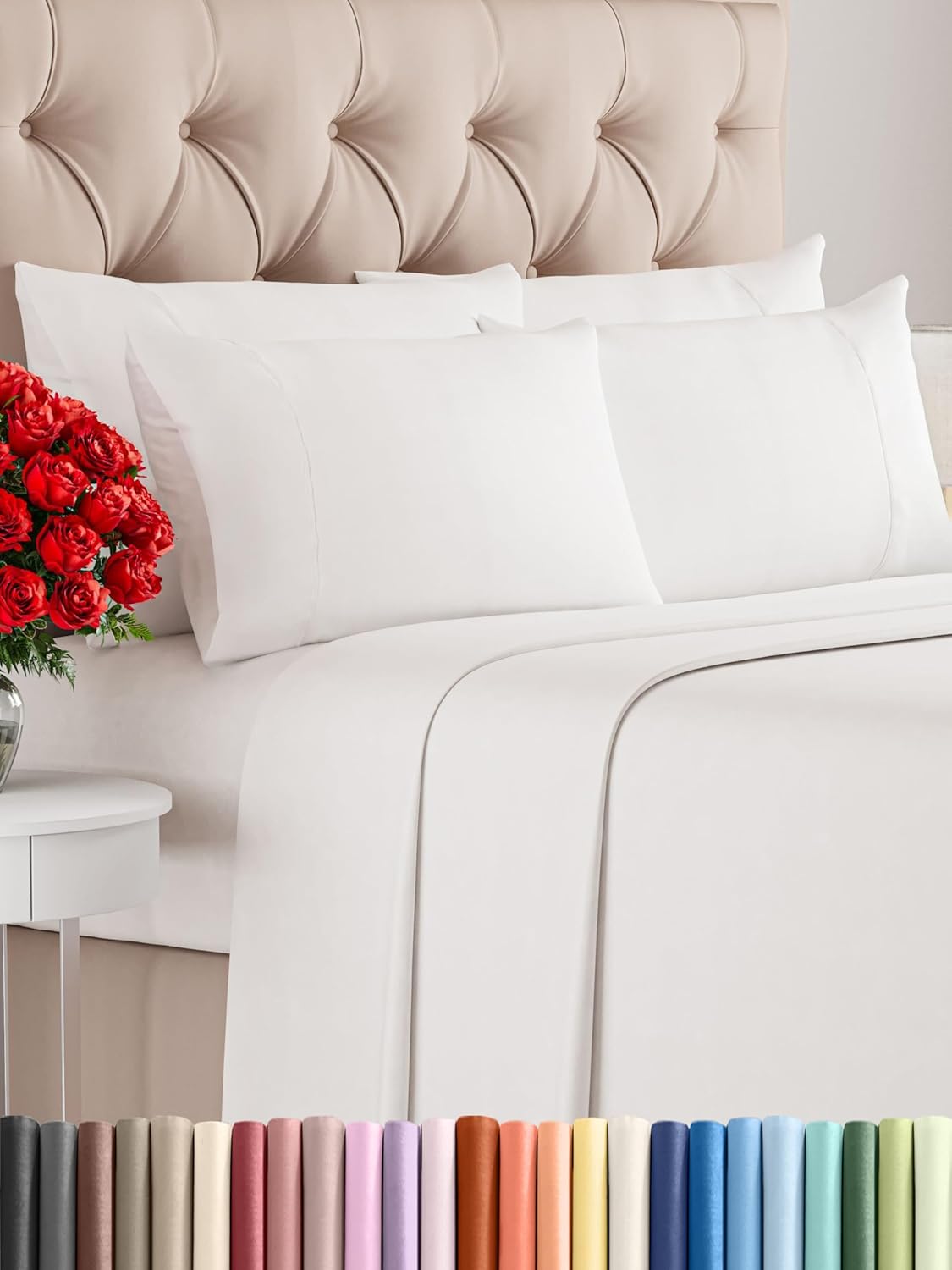 Cal King Sheets Set 6 Piece - Includes 4 Pillowcases - Bed Sheets Cal King Size - Soft Hotel Luxury Bedding - Cooling & Breathable - 1 Flat & 1 Fitted & 4 Pillowcases w/ Deep Pockets - Antique White