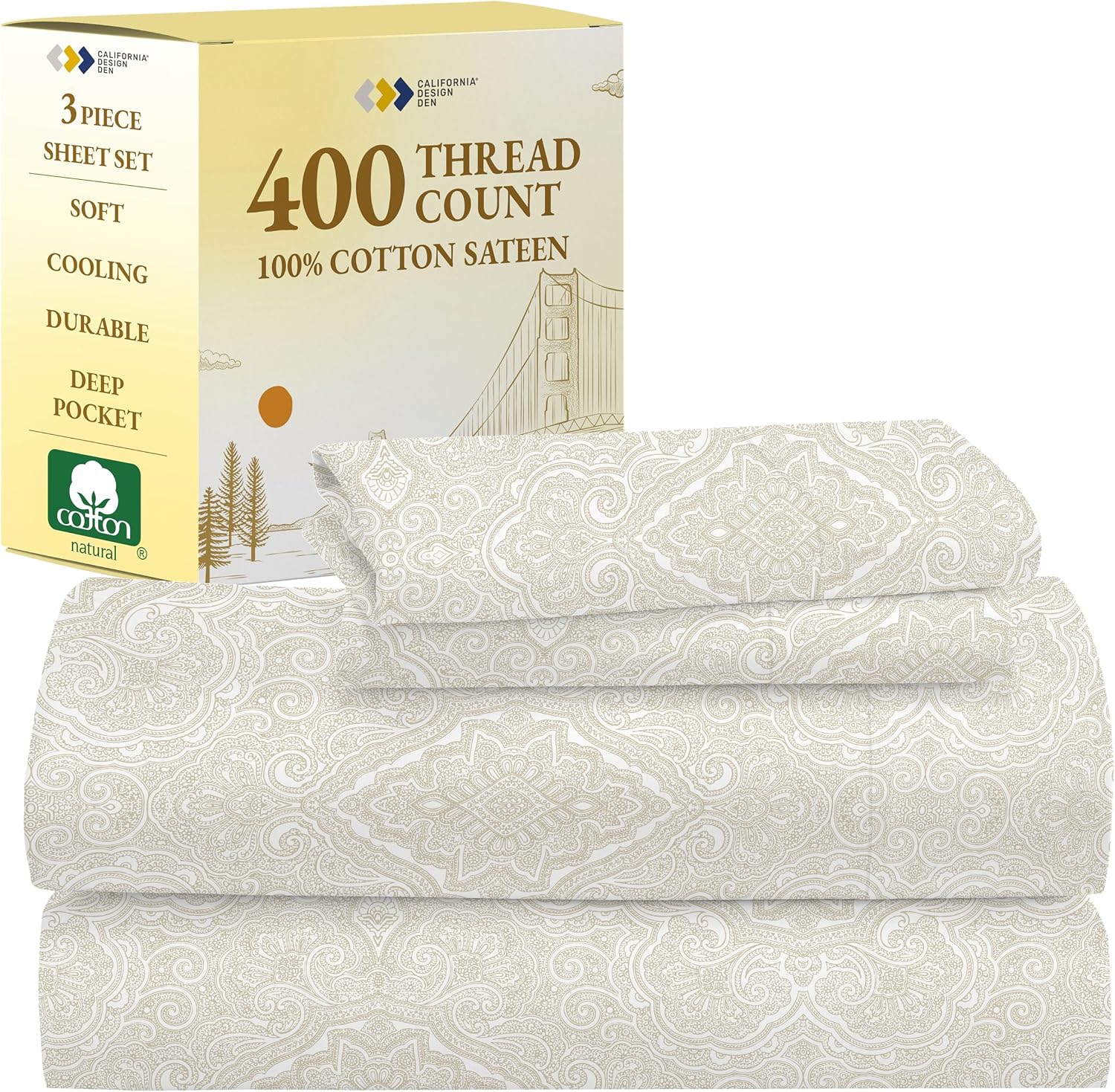 California Design Den Printed Twin XL Sheet Sets - 400 Thread Count Sateen, Natural 100% Cotton Sheets, Deep Pockets, Cooling and Durable Bedding Set - Paisley Pattern, Beige