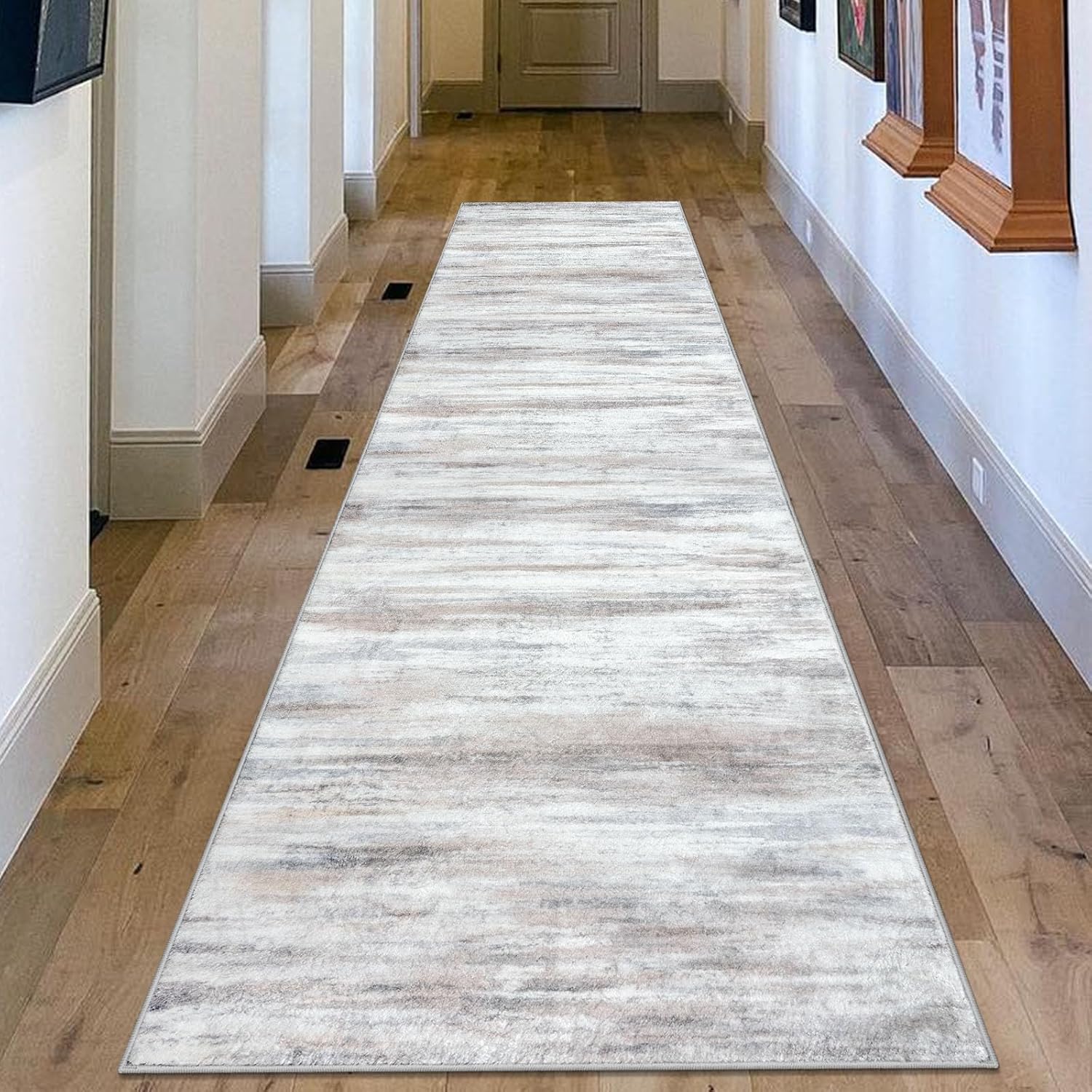 KOZYFLY Modern Abstract Kitchen Runner Rug, 2.6x10 Washable Rug Runner Non-Slip Soft Striped Hallway Runner Rugs, Beige Print Carpet Runner for Entryway Bathroom Laundry Room Foyer