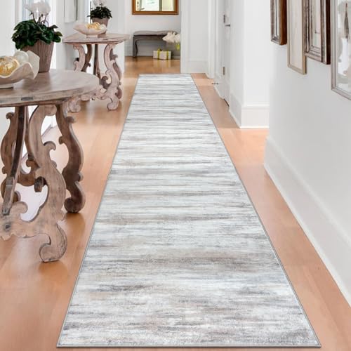 KOZYFLY Modern Abstract Kitchen Runner Rug, 2.6x16 Washable Rug Runner Non-Slip Soft Striped Hallway Runner Rugs, Beige Print Carpet Runner for Entryway Bathroom Laundry Room Foyer