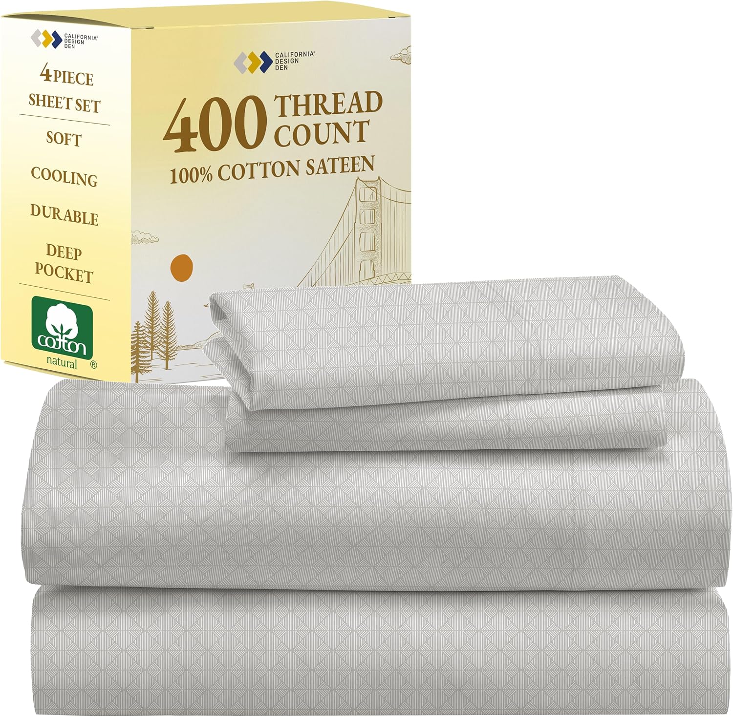 California Design Den California King Sheet Sets - 400 Thread Count Sateen, Natural 100% Cotton Sheets, Deep Pocket Cooling and Durable Bedding Set - Taupish-Sage Crosshatch