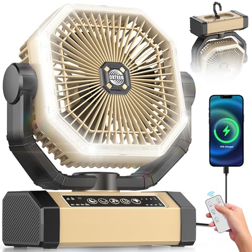 Camping Fan Rechargeable - 9-Inch Battery Powered Fan, 20000mAh(60Hrs) Battery Operated for Camping, Auto Oscillation Cordless, Tent Fan with Remote/Light, 4 Speeds, 4 Timing, Outdoor