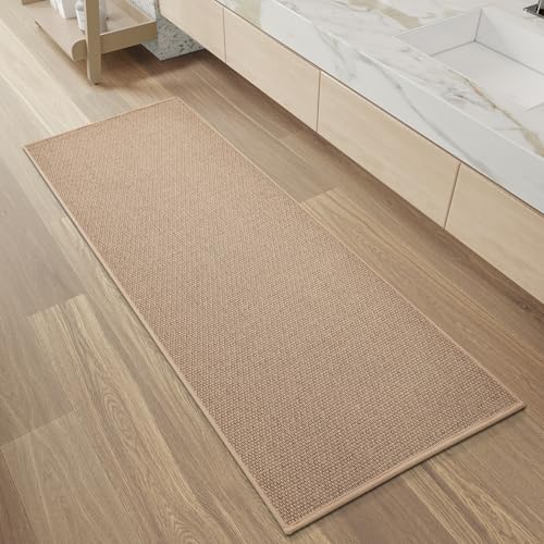 PADOOR Non-Slip Bath-Mats for Bathroom, Rubber-Backing Braided Absorbent Bathroom Mat Machine Washable Thin Bathroom Rugs Fit Under Door Quick Dry Bath Rugs for Floor, 24''x47'' Beige