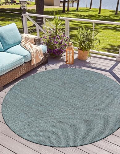 Unique Loom Outdoor Solid Collection Area Rug (7' 10" Round Teal/Navy Blue)