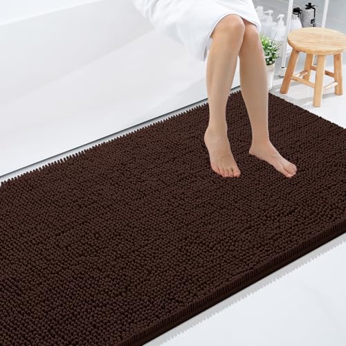 Smiry Luxury Chenille Bathroom Rugs 59x35, Extra Soft and Absorbent Shaggy Bath Mat, Machine Washable, Non-Slip Plush Carpet Runner for Tub, Shower, and Floor, Home Decor Accessories, Brown