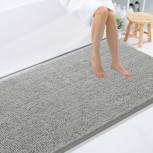 Smiry Luxury Chenille Bathroom Rugs 59x35, Extra Soft and Absorbent Shaggy Bath Mat, Machine Washable, Non-Slip Plush Carpet Runner for Tub, Shower, and Floor, Home Decor Accessories, Light Grey
