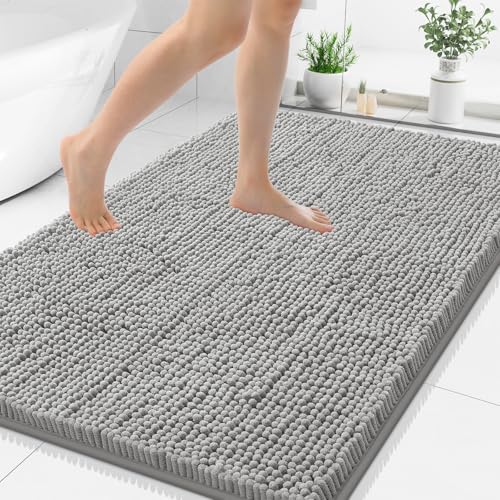 Smiry Luxury Chenille Bathroom Rugs 48x32, Extra Soft and Absorbent Shaggy Bath Mat, Machine Washable, Non-Slip Plush Carpet Runner for Tub, Shower, and Floor, Home Decor Accessories, Light Grey