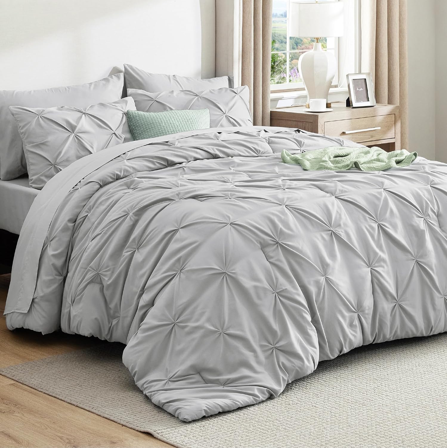 Bedsure Twin XL Comforter Set - Extra Long 5 Pieces Dorm Bedding Sets, GentleSoftTM Pinch Pleat Light Grey Bed in a Bag with Pintuck Comforter, Sheets, Pillowcase & Sham