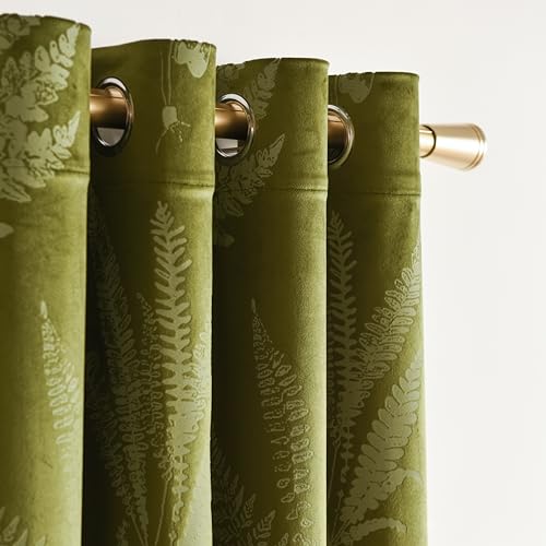 SMILETIME Green Velvet Curtains 84 in Long, Thermal Insulated Soft Privacy Noise Reducing Light Filtering Leaf Pattern Velvet Drapes with Grommet for Living Room, W52 x L84, 2 Panels