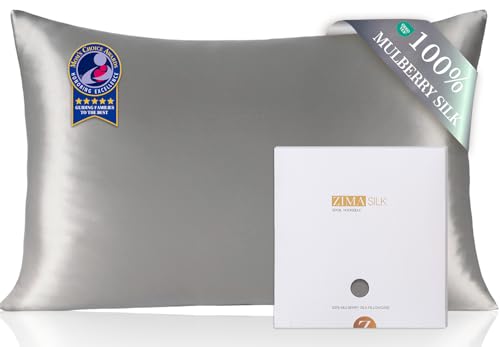 ZIMASILK 100% Pure Mulberry Silk Pillowcase for Hair and Skin Health,Soft and Smooth,Both Sides Premium Grade 6A Silk,600 Thread Count,with Hidden Zipper,1pc (King 20''x40'', Gray)