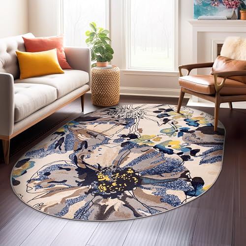 Rugshop Cream Bright Flowers Non Slip Non-Shedding Oval Area Rug for Dining Room, Living Room and Bedroom, 5' x 7'