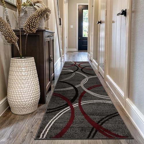 Rugshop Modern Wavy Circles Design Non-Shedding Runner Rug, Carpet for Hallway, Entryway, or Kitchen, Red, 2'7" x 12'