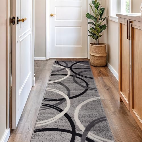 Rugshop Wavy Circles Design Runner Rug, Non-Shedding Carpet for Hallway, Kitchen, or Entryway, Gray, 2'7" x 8'