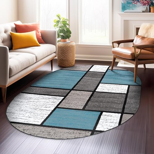 Rugshop Contemporary Modern Boxes for Home Office,Living Room,Bedroom,Kitchen Non-Shedding Oval Area Rug 5' x 7' Blue