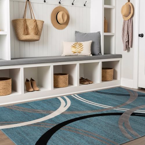 Rugshop Modern Wavy Circles Design Area Rug, Carpet with Jute Backing for Bedroom, Office, or Entryway, Blue, 4' x 6'