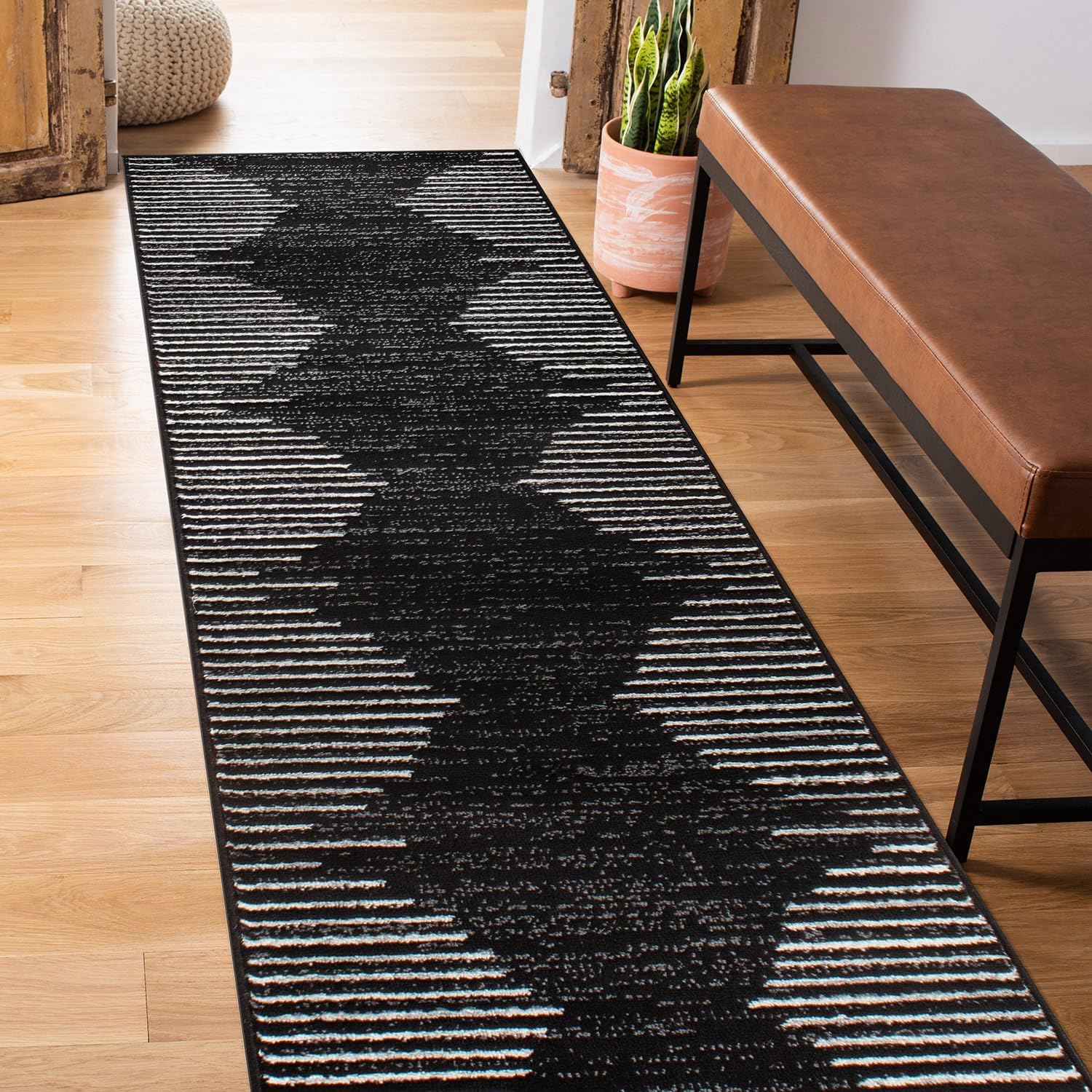 Rugshop Bohemian Stripe Stain Resistant High Traffic Living Room Kitchen Bedroom Dining Home Office Runner Rug 2'7" x 6' Black