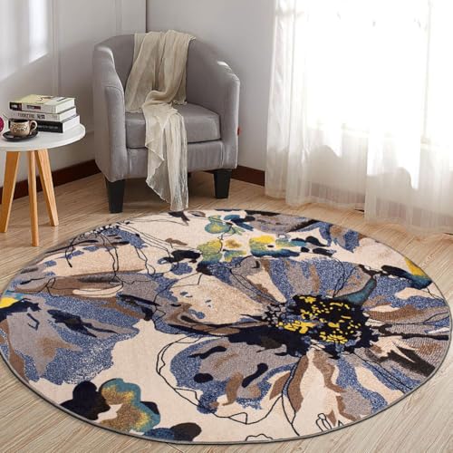 Rugshop Cream Bright Flowers Non Slip Non-Shedding Round Area Rug for Living Room, Dining Room and Bedroom, 8'