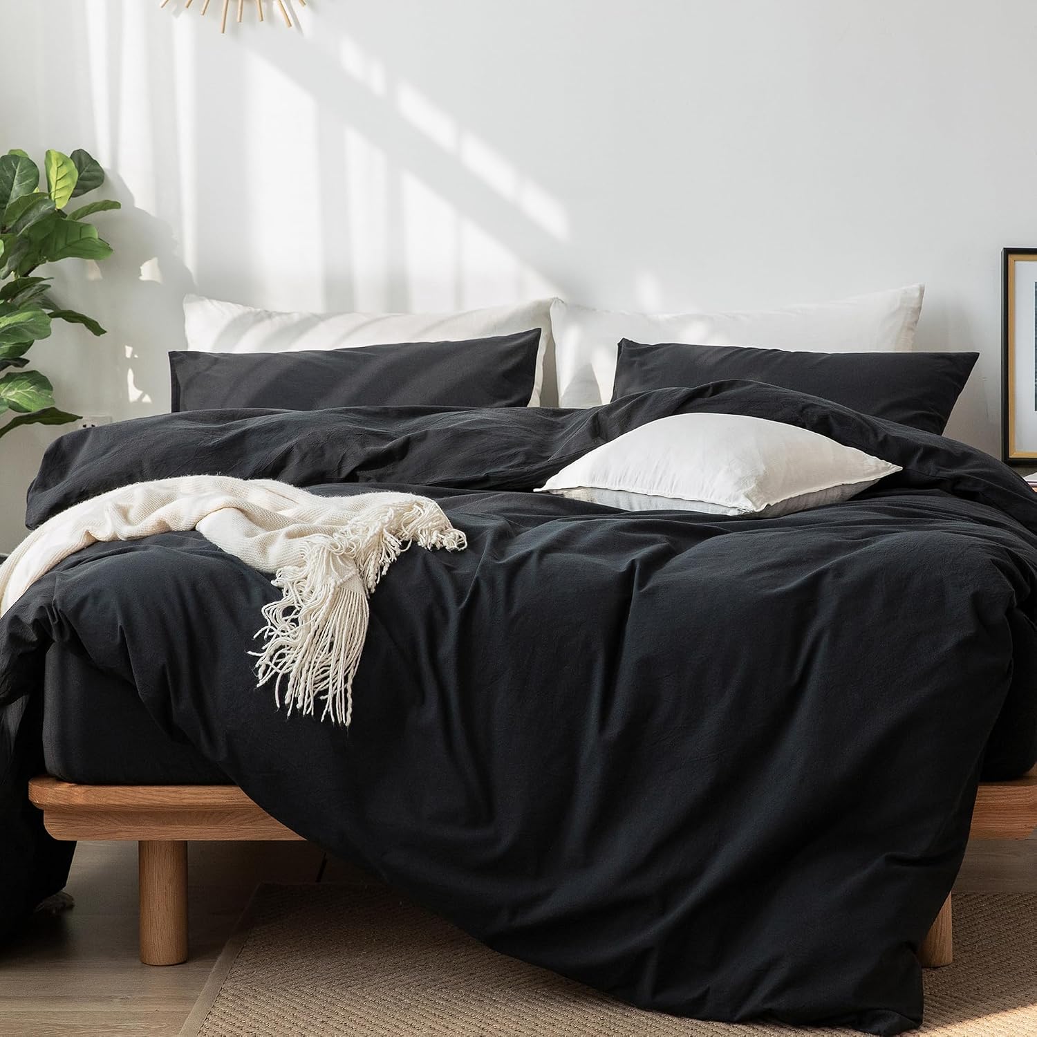 MooMee Bedding Duvet Cover Set 100% Washed Cotton Linen Like Textured Breathable Durable Soft Comfy (Solid Black, Super Queen 90"x98")