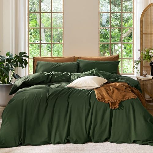 MooMee Bedding Duvet Cover Set 100% Washed Cotton Linen Like Textured Breathable Durable Soft Comfy (Solid Forest Green, Super Queen 90"x98")