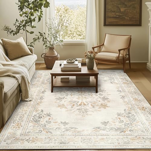 jinchan Vintage Floral 5x7 Area Rugs - Machine Washable Distressed Design Soft Ultra-Thin Low-Pile Non-Slip Carpet for Kitchen Bedroom Nursery Living Room Dining Room Home Office (5x7ft,Light Grey)