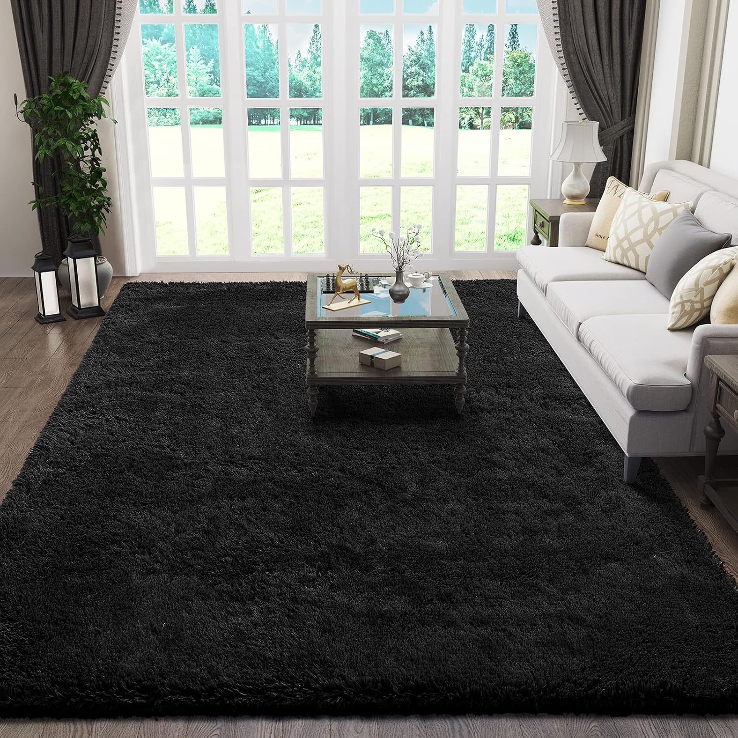 Ophanie Black Fluffy Shaggy Rug 5x8