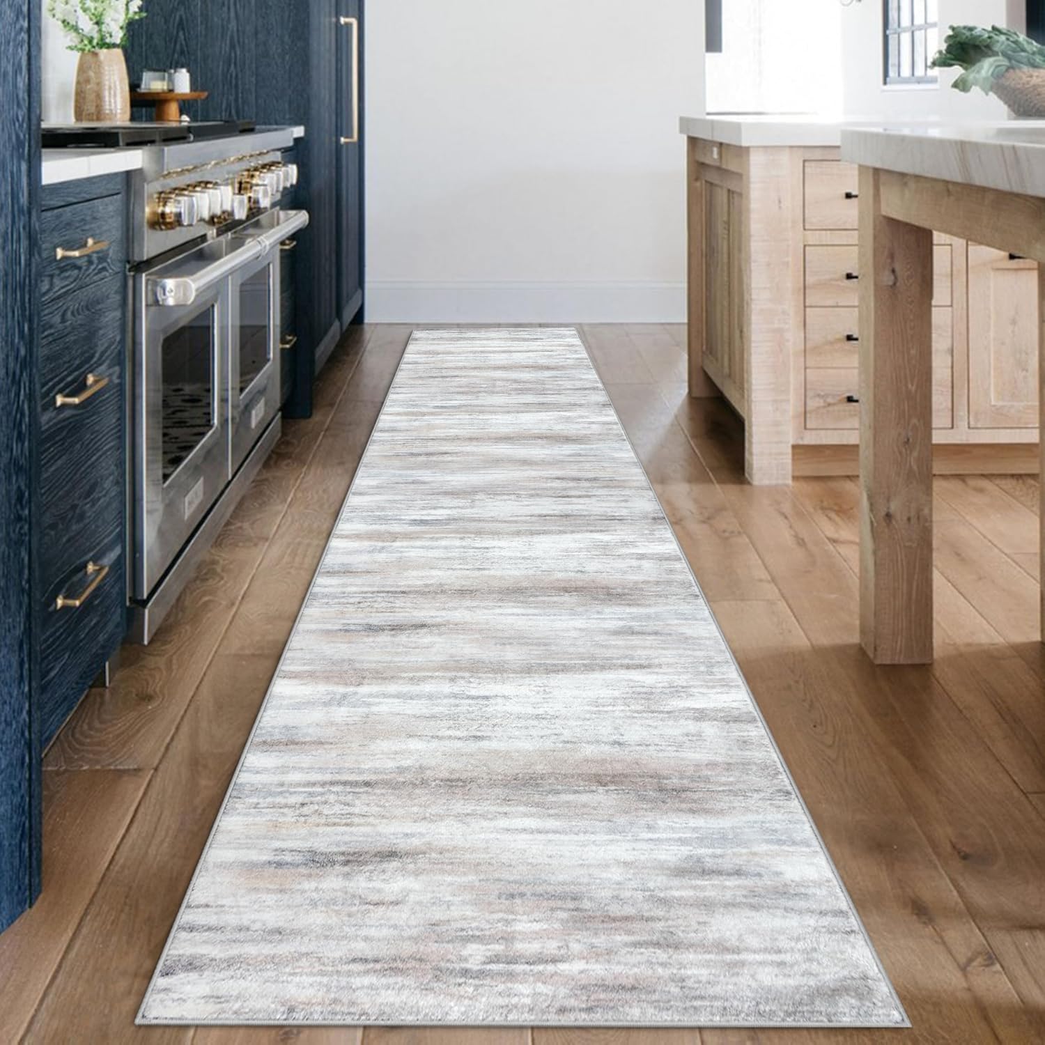 KOZYFLY Modern Abstract Kitchen Runner Rug, 2x12 Washable Rug Runner Non-Slip Soft Striped Hallway Runner Rugs, Beige Print Carpet Runner for Entryway Bathroom Laundry Room Foyer