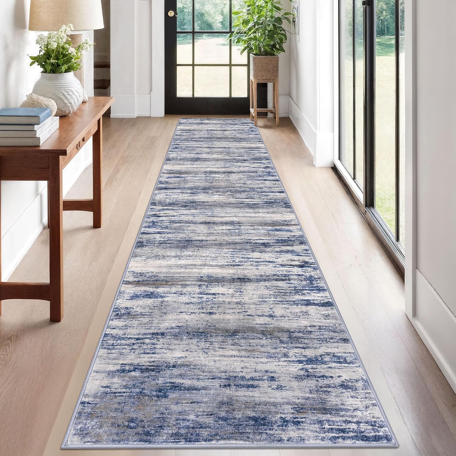 KOZYFLY Modern Abstract Kitchen Runner Rug, 2x12 Washable Rug Runner Non-Slip Soft Striped Hallway Runner Rugs, Grey Blue Print Carpet Runner for Entryway Bathroom Laundry Room Foyer
