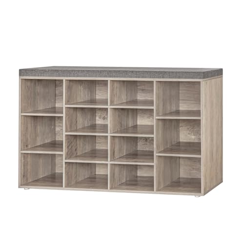 DINZI LVJ Shoe Storage Bench with Cushion, 14-Cubby Shoe Rack, Adjustable Shelves, Multifunctional Shoe Organizer Bench for Entryway, Mudroom, Hallway, Living Room, Bedroom and Garage, Greige