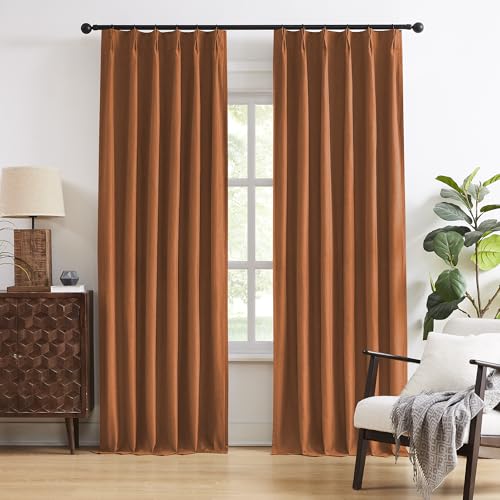 DUALIFE Rust Terracotta Blackout Curtains 90 Inch Long,Boho Cozy Fall Decor Linen Vintage Energy Saving Thermal Pleated Hooks Curtains Drapes for Living Room Brick Rust Textured 70s W40 x L90