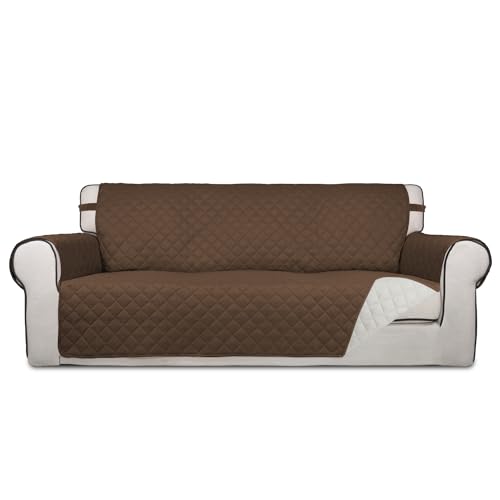 PureFit Reversible Quilted Sofa Cover, Water Resistant Slipcover Furniture Protector, Washable Couch Cover with Non Slip and Elastic Straps for Kids, Dogs, Pets (Oversized Sofa, Coffee/Ivory)