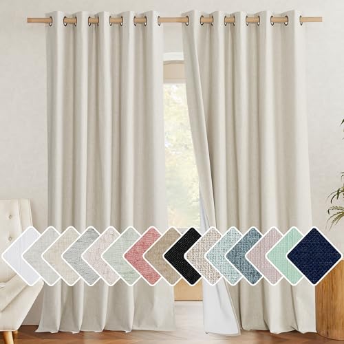 NICETOWN 100% Blackout Natural Linen Curtains 95 inches Length for Dining Room, 2 Panels Set, 62" Wide, Farmhouse Style Room Cooling Window Draperies with Thermal Insulated Liners