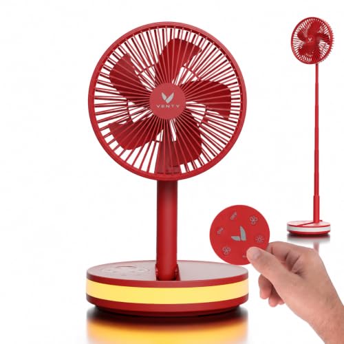 VENTY Portable Fan - Wireless Battery Operated Fan - 4 Speeds - LED Lighting - Carry Case & Remote Control - Cruise Travel - Outdoor Travel RV Power Bank With USB-C Port (Red with Case)