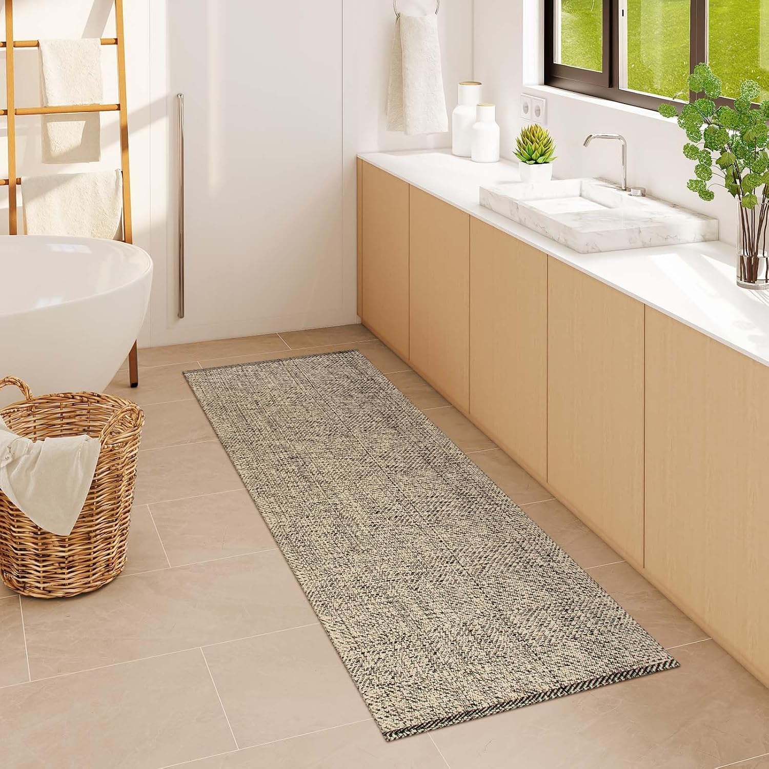 LEEVAN Washable Runner Rug 2'x6', Natural Woven Hallway Runner Rug Reversible Bathroom Runner Rug, Cotton Low Profile Entryway Rug, Farmhouse Bedroom Rug Modern Kitchen Runenr Rug