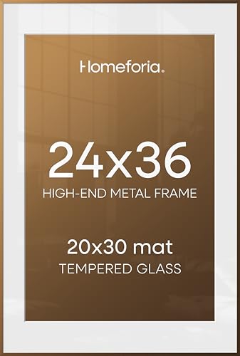 Homeforia 24x36 Picture Frame Bronze, High End Metal 24 x 36 Large Poster Frames with Mat 20 by 30 Photo, 24x36 Brass Frame Matted to 20x30 Print, 36x24 Thin Frames, Tempered Glass, Wall Kit, Set of 1